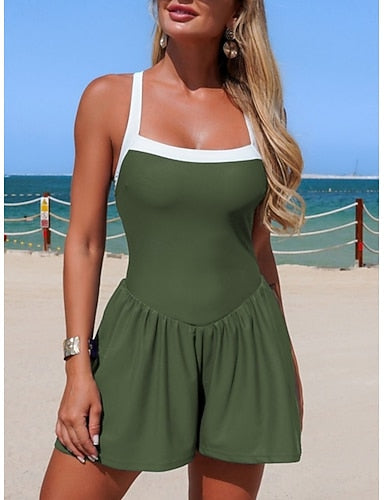 Swimwear One Piece Swim Dress Swimsuit Tummy Control High Waist Slim Backless Vacation Beach Wear Color Halter Neck Sleeveless Bathing Suits