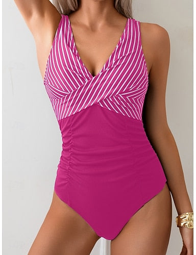 Swimwear One Piece Monokini Swimsuit Ruched Tummy Control High Waist Slim Backless Vacation Beach Wear Stripe V Neck Sleeveless Bathing Suits