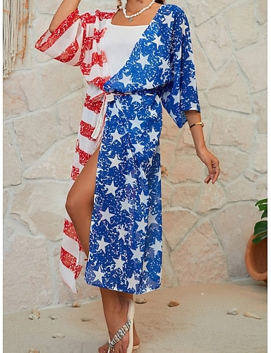Swimwear Cover Up Swimsuit Vacation Beach Wear Flag V Neck Long Sleeve Bathing Suits