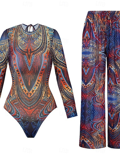 Swimwear One Piece Monokini Swimsuit Tummy Control High Waist Slim Backless Vacation Beach Wear Round Neck Long Sleeve Bathing Suits