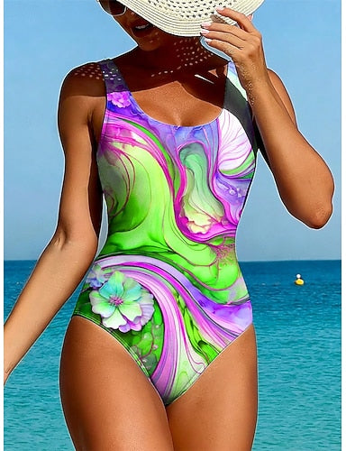 Swimwear One Piece High Cut Swimsuit Beach Wear Summer Graphic Geometic U Neck Sleeveless Bathing Suits