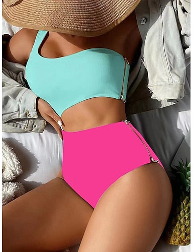 One Piece Swimsuit One Shoulder Colorblock Monokini Tummy Control High Waist Slim Backless Vacation Beach Wear Color Block Asymmetric Neck Sleeveless Bathing Suits