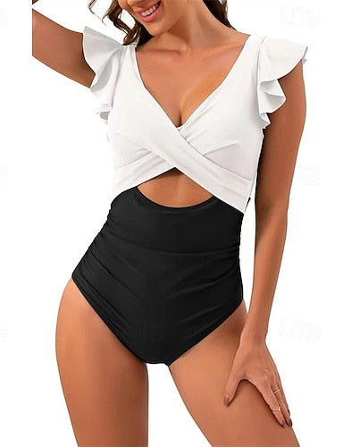 One Piece Swimsuit Open Back Cut Out Swimwear Patchwork Swimwear Black Pink Breathable Quick Dry Sleeveless - Swimming Surfing Snorkeling Summer