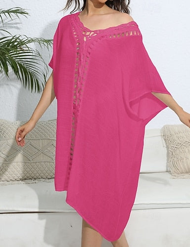 Swimwear Cover Up Swim Dress Rash Guard Swimsuit Cut Out Vacation Beach Wear Color V Neck Short Sleeves Bathing Suits