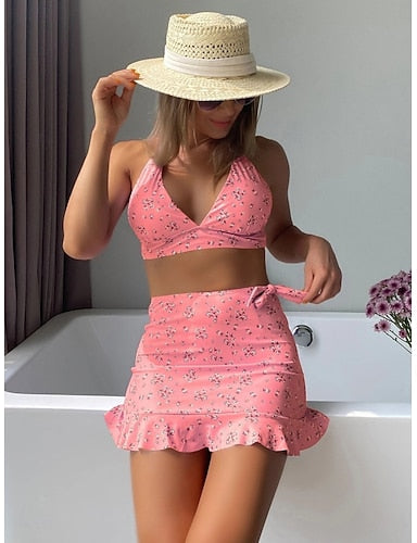 Bikini 3 Piece Swimsuit With Skirt Skirt Slim Backless Vacation Beach Wear Halter Neck Sleeveless Bathing Suits