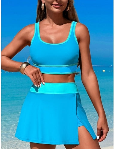Tankini 2 Piece Swimsuit Colorblock Shorts Tummy Control High Waist Slim Backless Vacation Beach Wear U Neck Sleeveless Bathing Suits