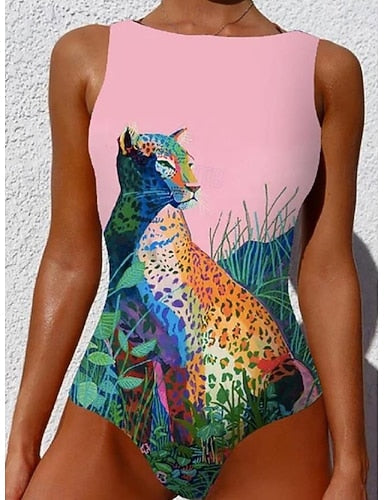 One Piece Swimsuit Slimming Monokini Backless Tummy Control High Waist Slim Vacation Beach Wear Geometric Round Neck Sleeveless Bathing Suits