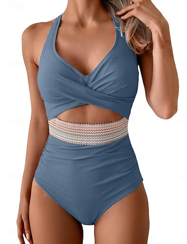 One Piece Swimsuit Cutout Monokini High Waist Tummy Control High Waist Slim Backless Vacation Beach Wear Color Halter Neck Sleeveless Bathing Suits