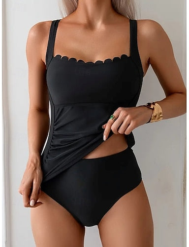 Swimwear Tankini 2 Piece High Waist Swimsuit Tummy Control High Waist Slim Backless Vacation Beach Wear Color Scoop Neck Sleeveless Bathing Suits