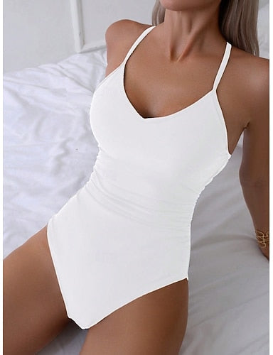 Swimwear One Piece Monokini Swimsuit Tummy Control High Waist Slim Backless Vacation Beach Wear Color Scoop Neck Sleeveless Bathing Suits