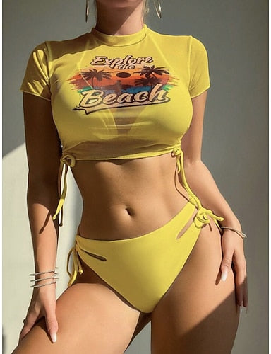 Swimwear Bikini Three Piece Cheeky Swimsuit Slim Backless Vacation Beach Wear Graphic High Neck Sleeveless Bathing Suits