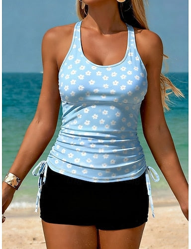 Swimwear Tankini 2 Piece High Waist Swimsuit Tummy Control High Waist Slim Backless Vacation Beach Wear U Neck Sleeveless Bathing Suits