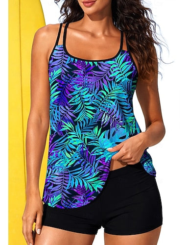 Regular Rash Guard Print Swimsuit Tankini Swimsuits Tropical Color-blocking 2 Piece Removable Pad Boyleg Uv Sun Protection Upf50+ Elastic Sleeveless Surfing Canoeing Water Sports
