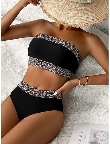 Swimwear Bikini 2 Piece Cheeky Swimsuit Slim Backless Vacation Beach Wear Color Leopard Strapless Sleeveless Bathing Suits