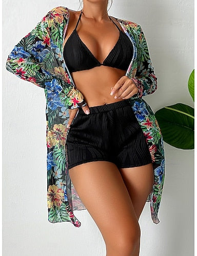 Bikini 3 Piece Swimsuit Palm Shorts Tummy Control High Waist Slim Backless Vacation Beach Wear Halter Neck Sleeveless Bathing Suits