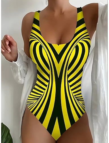One Piece Swimsuit Slimming Colorblock Briefs Beach Wear Summer Graphic Striped U Neck Sleeveless Bathing Suits