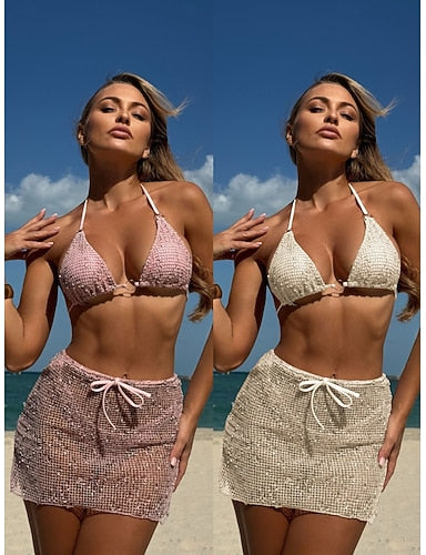 Swimwear Bikini Three Piece Skirt Swimsuit Slim Backless Vacation Beach Wear Color Halter Neck Sleeveless Bathing Suits