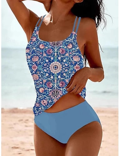 Swimwear Tankini 2 Piece Cheeky Swimsuit Tummy Control High Waist Slim Backless Vacation Beach Wear U Neck Sleeveless Bathing Suits