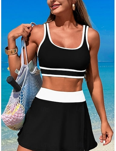 Tankini 2 Piece Swimsuit Colorblock Shorts Tummy Control High Waist Slim Backless Vacation Beach Wear U Neck Sleeveless Bathing Suits