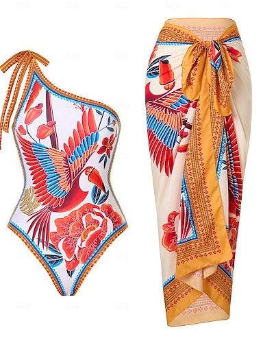 Swimwear One Piece 2 Piece Monokini Skirt Swimsuit Tummy Control High Waist Slim Backless Vacation Tropical Graphic Asymmetric Neck Sleeveless Bathing Suits