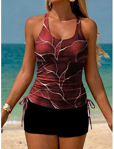 Tankini 2 Piece Swimsuit Ruched Shorts Backless Vacation Beach Wear Ombre Graphic Scoop Neck Sleeveless Bathing Suits