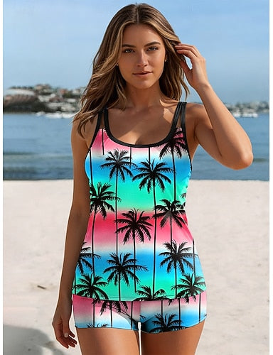 Swimwear Tankini 2 Piece High Waist Swimsuit Backless Vacation Beach Wear Ombre Graphic U Neck Sleeveless Bathing Suits