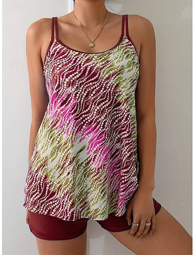 Tankini 2 Piece Swimsuit High Waist Backless Vacation Beach Wear Ombre Graphic U Neck Sleeveless Bathing Suits