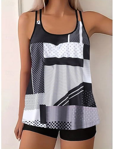 Tankini 2 Piece Swimsuit Palm Shorts Tummy Control High Waist Slim Backless Vacation Beach Wear Color Block U Neck Sleeveless Bathing Suits