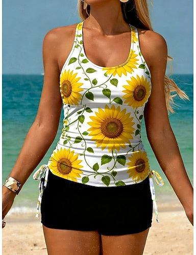 Swimwear Tankini 2 Piece High Waist Swimsuit Tummy Control High Waist Slim Backless Vacation Beach Wear U Neck Sleeveless Bathing Suits