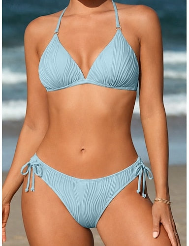 Swimwear Bikini 2 Piece Briefs Swimsuit Backless Vacation Beach Wear Plain Halter Neck Sleeveless Bathing Suits