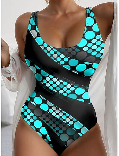 One Piece Swimsuit Slimming Monokini Backless Tummy Control High Waist Slim Vacation Beach Wear Geometric U Neck Sleeveless Bathing Suits