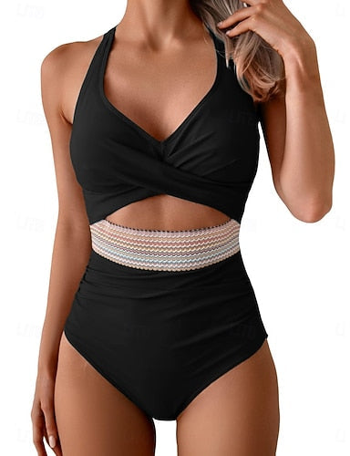 One Piece Swimsuit Cutout Monokini High Waist Tummy Control High Waist Slim Backless Vacation Beach Wear Color Halter Neck Sleeveless Bathing Suits