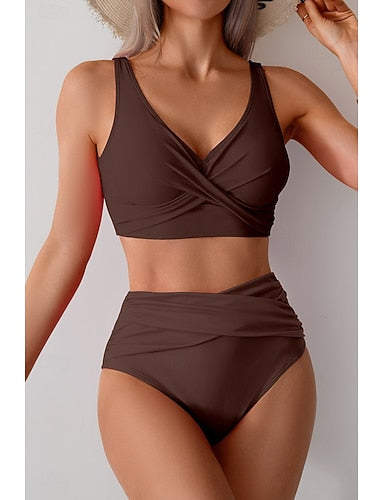 Swimwear Bikini Swimsuit Ruched High Waisted Tropical Beach Wear Plain V Wire Sleeveless Bathing Suits