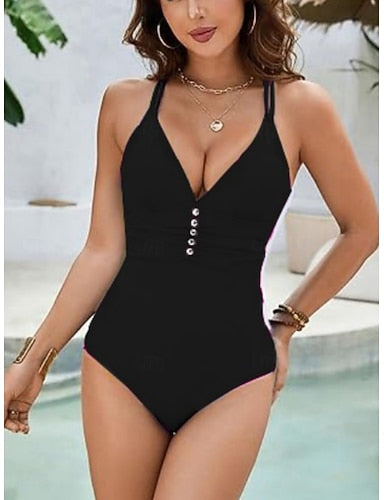 One Piece Swimsuit Slimming Monokini Tummy Control High Waist Slim Backless Vacation Beach Wear Color V Neck Sleeveless Bathing Suits