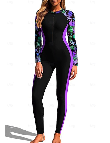 Rash Guard Full Body Rash Guard One Piece Surfing Suit Tropical Color-blocking Zip Up With Built in Bra Front Zip Uv Sun Protection Full Coverage Upf50+ Long Sleeve Full Body Swimwear