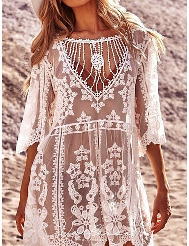 Cover Up Swimsuit Dress Lace Patchwork Vacation Beach Wear Color V Neck Long Sleeve Bathing Suits