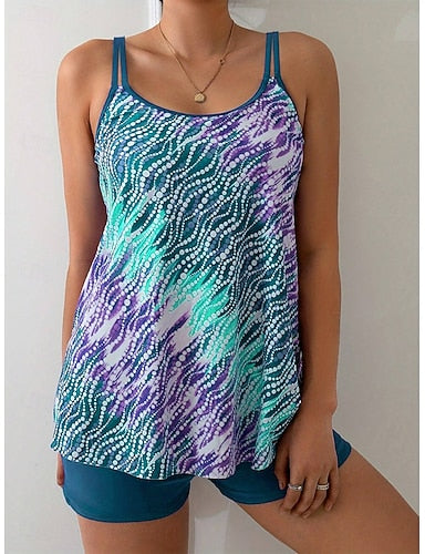 Tankini 2 Piece Swimsuit High Waist Backless Vacation Beach Wear Ombre Graphic U Neck Sleeveless Bathing Suits