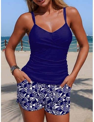 Swimwear Tankini 2 Piece Shorts Swimsuit Tummy Control High Waist Slim Backless Vacation Beach Wear Stripe V Neck Sleeveless Bathing Suits
