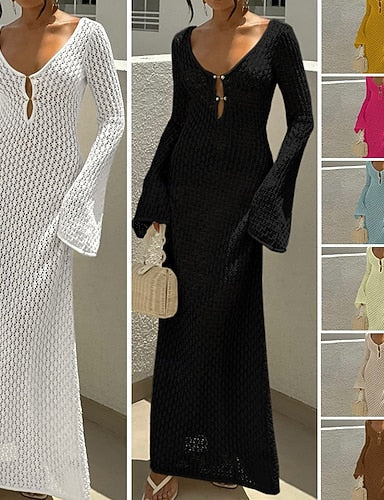 Swimwear Cover Up Swim Dress Swimsuit Crochet Vacation Beach Wear Color V Neck Long Sleeve Bathing Suits