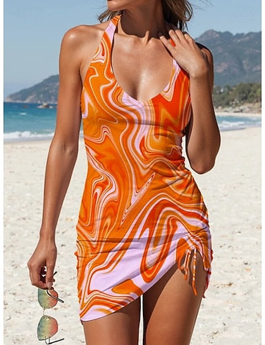 Swimwear Tankini Skirt Swimsuit Halter Vacation Graphic Sleeveless Bathing Suits