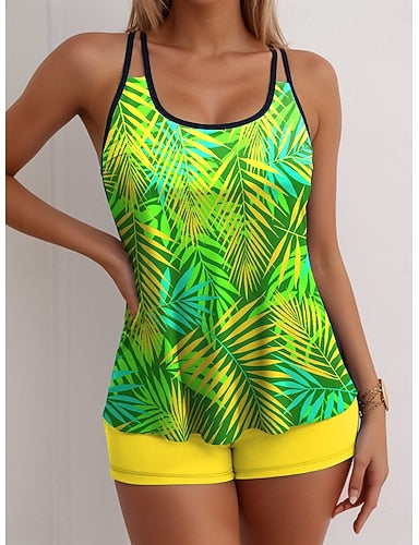 Tankini 2 Piece Swimsuit Palm High Waist Backless Vacation Beach Wear Graphic Geometic Scoop Neck Sleeveless Bathing Suits