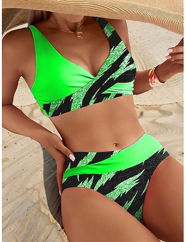 Swimwear Bikini Cheeky Swimsuit Vacation Graphic Striped V Neck Sleeveless Bathing Suits