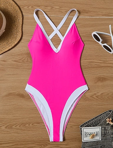 Swimwear One Piece Swimsuit Thong One Piece Patchwork Backless Vacation Beach Wear Color Block Plunge Sleeveless Bathing Suits