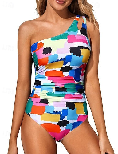 One Piece Swimsuit One Shoulder Swimwear Leopard Print Swimwear White Blue Breathable Quick Dry Sleeveless - Swimming Surfing Snorkeling Summer