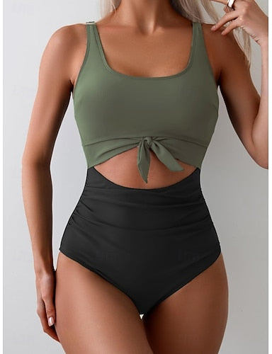 One Piece Swimsuit Cutout Monokini Tummy Control High Waist Slim Backless Vacation Beach Wear Polka Dot Color Block U Neck Sleeveless Bathing Suits