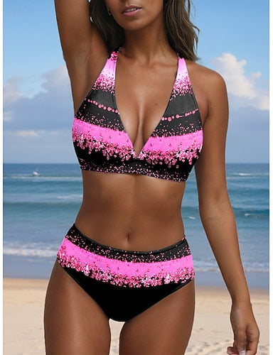 Bikini 2 Piece Swimsuit Cheeky Halter Ombre Geometric V Wire Sleeveless Bathing Suits