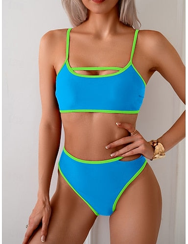Swimwear Bikini 2 Piece High Waist Swimsuit Patchwork Backless Vacation Beach Wear Color Block U Neck Sleeveless Bathing Suits