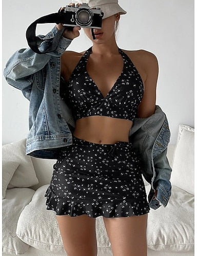 Bikini 3 Piece Swimsuit With Skirt Skirt Slim Backless Vacation Beach Wear Halter Neck Sleeveless Bathing Suits