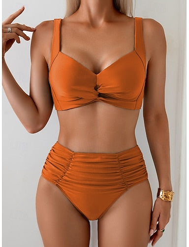 One Piece Swimsuit Ruched Monokini Briefs Tummy Control High Waist Slim Backless Vacation Beach Wear Color V Neck Sleeveless Bathing Suits