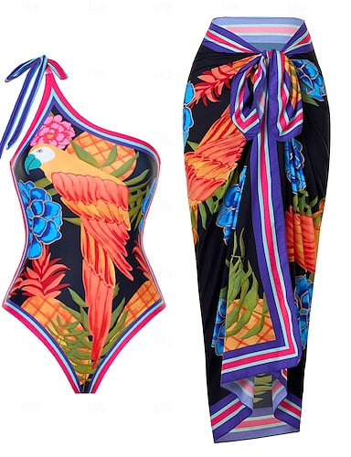 Swimwear One Piece 2 Piece Monokini Skirt Swimsuit Tummy Control High Waist Slim Backless Vacation Tropical Graphic Asymmetric Neck Sleeveless Bathing Suits